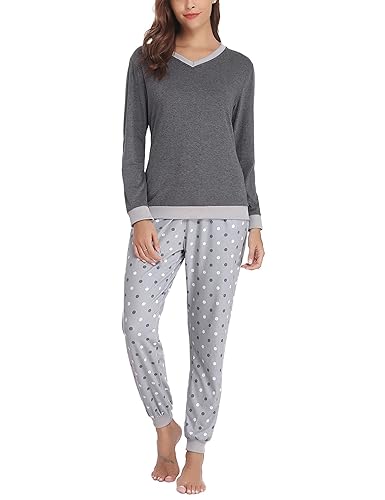 Irdcomps Pyjamas Damen Schlafanzug Lang Winter Baumwolle Langarm Zweiteilige Nachtwäsche für Frauen Hausanzug Pyjamashose mit Bündchen Taschen Grau XXL von Irdcomps