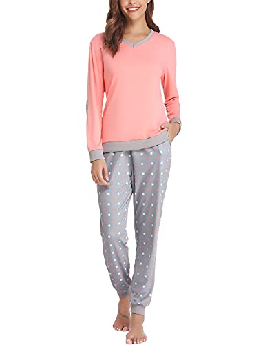 Irdcomps Pyjamas Damen Lang Schlafanzug Winter Baumwolle Langarm Zweiteilige Nachtwäsche für Frauen Hausanzug Pyjamashose mit Bündchen Taschen Rosa S von Irdcomps