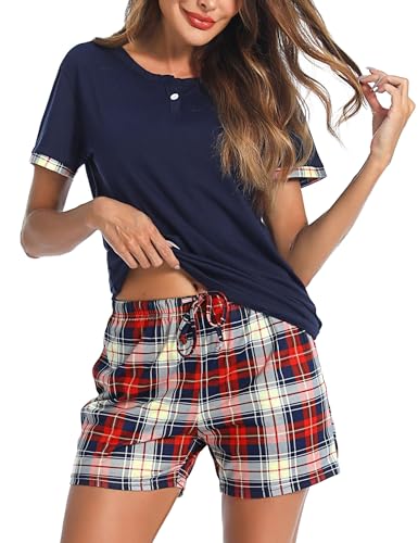 Irdcomps Pyjama Damen Kurz Baumwolle Schlafanzug Pyjamas Set Shorty Karierter Zweiteilige Nachtwäsche Schlafanzüge Freizeitanzug Hausanzug Kurzarm Rundhals Sommer Blau XXL von Irdcomps