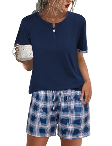 Irdcomps Schlafanzug Damen Pyjama Kurz Shorty Sommer Baumwolle Nachtwäsche Set Kurzarm Karierte Schlafanzüge Navyblau M Irdcomps Schlafanzug Damen Pyjama Kurz Shorty Sommer Baumwolle Nachtwäsche Set Kurzarm Karierte Schlafanzüge Navyblau M von Irdcomps