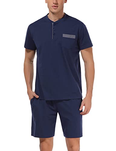 Irdcomps Schlafanzug Herren Kurz Baumwolle Pyjama Sets Shorty für Männer Nachtwäsche Hausanzug Loungewear mit Kurze Schlafanzughose Navyblau XL von Irdcomps