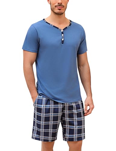 Irdcomps Schlafanzug Herren Kurz Pyjama Baumwolle Shorty Set Zweiteilige Nachtwäsche Hausanzug Schlafanzüge Männer Karierter Gummibund mit Knöpfen Kurzarm Schlafshirt Sommer Blau XXL von Irdcomps