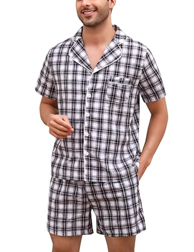 Irdcomps Herren Schlafanzug Kurz Pyjama Karierter Baumwolle Kurzarm Shorty Zweiteilige Nachtwäsche Männer Sommer Geknöpft Herrenpyjama Schwarz L von Irdcomps