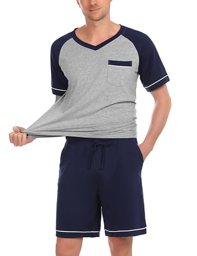 Irdcomps Schlafanzug Herren Kurz Baumwolle Pyjama Shorty Zweiteiliger Pyjamas Set Nachtwäsche Kurzarm für Männer Sommer Schlafanzüge mit Brusttasche Navyblau L von Irdcomps