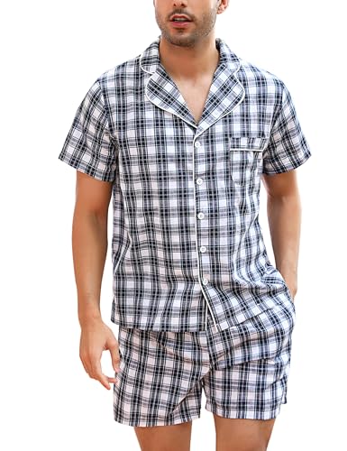 Irdcomps Schlafanzug Herren Kurz Pyjama Baumwolle Kurzarm Karierter Shorty Männer Nachtwäsche zum Knöpfen Sommer Blau XL von Irdcomps