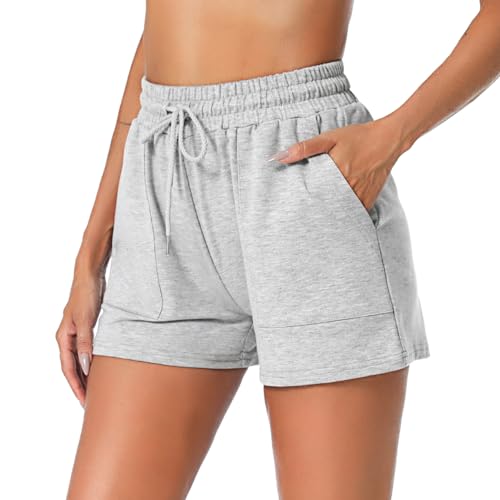 Irdcomps Shorts Damen Sportshorts Kurze Sporthose Jogginghose Baumwolle Trainingshose Sport Shorts Sommer High Waist mit Taschen Elastischer Bund zum Running Gym Grau L von Irdcomps