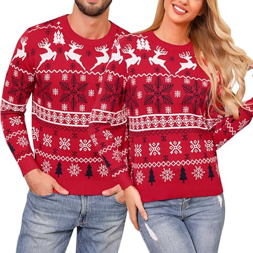 Irdcomps Weihnachtspullover Damen Christmas Sweater Langarm Weihnachtspulli mit Rentiermuster Strickpulli Winter für Weihnachtsparty Rot L von Irdcomps