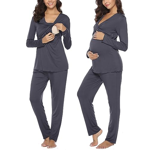 Irdcomps Stillpyjama Damen Lang Umstandspyjama Winter Stillschlafanzug Baumwolle Umstandsschlafanzug Frauen Nachtwäsche Schwangerschaft Langarm Krankenhaus Pyjama Sets Stillfunktion Dunkelgrau M von Irdcomps