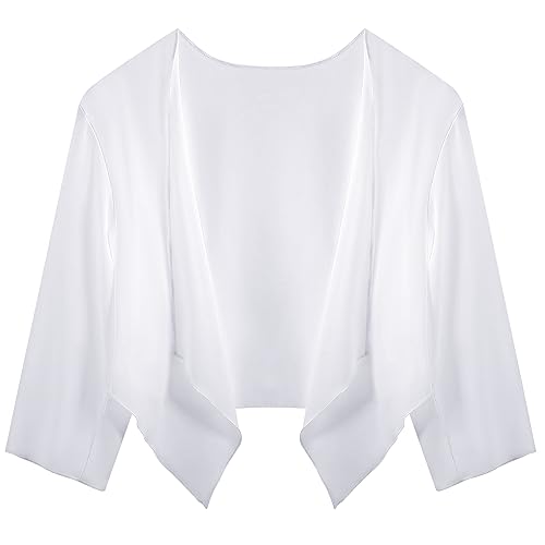 Irevial Damen Bolero Chiffon Cardigan 3/4 Ärmel Festlich Sommerjacke Elegante Open Front Bolerojacke Leichte Strickjacke Weiß XXL von Irevial