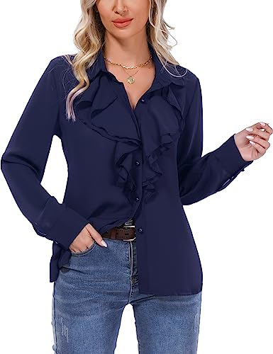 Irevial Damen Hemd Freizeit Bluse Langarmshirt Elegant Hemdbluse zum Knöpfen V-Ausschnitt Casual Arbeit Shirt von Irevial