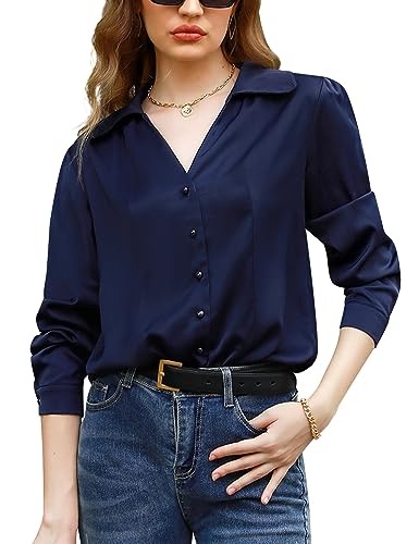 Irevial Damen Hemd Freizeit Bluse Satin Elegant Shirt Langarm Oberteil V-Ausschnitt Hemdbluse von Irevial