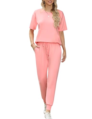 Irevial Damen Jogginganzug Sportanzug Zweiteiler Trainingsanzug Lose Kurzarm Top und Hose Sportanzug Hausanzug Schlafanzug Rosa XL von Irevial