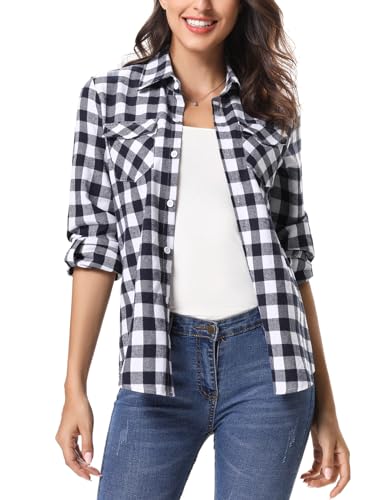 Irevial Damen Karierte Bluse Karo Flanell Hemden Classic Button-down Blusenshirt Langarm Plaid Shirt Oberteile für Frühling und Herbst， Schwarz+Weiß， XXL von Irevial