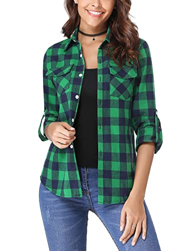 Irevial Damen Kariertes Bluse Casual Karohemd Button-down Langarmshirt Boyfriend-Stil Baumwolle Hemdbluse Plaid Shirt für Frühling und Herbst Grün M von Irevial