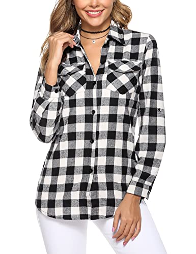 Irevial Damen Kariertes Bluse Casual Karohemd Button-down Langarmshirt Boyfriend-Stil Baumwolle Hemdbluse Plaid Shirt für Frühling und Herbst Schwarz XL von Irevial