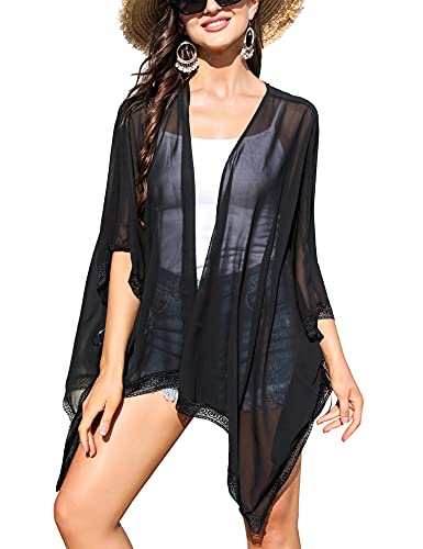 Irevial Damen Loose Kimono Leichte Chiffon Strand Jacke Frauen L Bikini Cover Up Sommer Cardigan Mit Spitze Casual Boho Strandponcho Pareo Beachwear Schwarz von Irevial