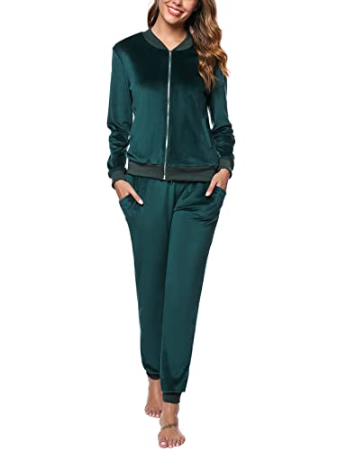 Irevial Damen Samtweich Hausanzug 2 Teiliger Casual Trainingsanzüge Kuschlig Jogginganzug Sportliche Zip Jacke + Sporthose mit Tasche Grün M von Irevial