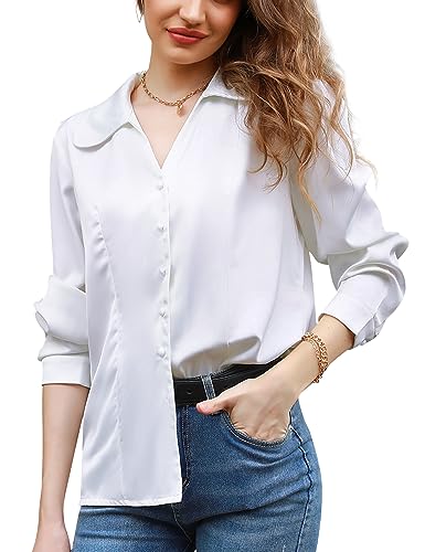 Irevial Damen Satin Vintage V-Ausschnitt Bluse Elegant Langarm Casual Oberteile Hemd Lose Langarmshirt Tops B-Weiß XXL von Irevial