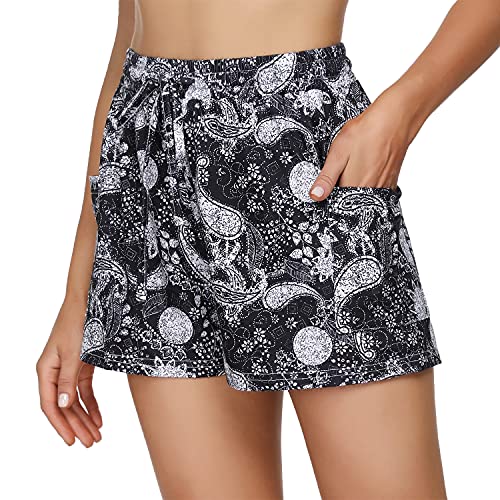 Irevial Damen Shorts Sommer Kurze Hose mit Taschen Boardshorts Tropical mit Bund und Druck Boardhose Schwarzer M von Irevial