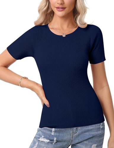 Irevial Damen Strick Tshirt Kurzarm Sommer Basic Top Slim Fit Shirt Rundhals Gestrickt Einfarbig Elegant Oberteile Navy XXL von Irevial