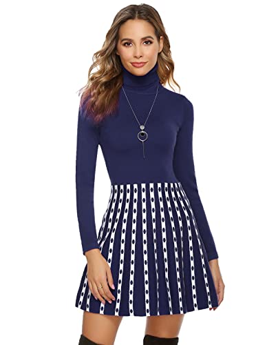 Irevial Damen Strickkleid Rollkragen Pullikleid Gestrickt Kleid Lässiges Winterkleider A-Linie Pulloverkleid Winter Warm Sweater Dress Marine M von Irevial