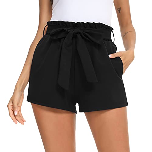 Irevial Shorts Damen Sommer Kurz Hose Elastischer Bund Breites Bein Kurzhose Casual Locker mit Gürtel Schwarz L von Irevial