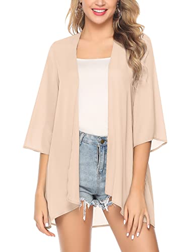 Irevial Sommer Cardigan Chiffon Kimono 3/4 Arm Leichte Strickjacke Damen Beachwear Bikini Cover Up für Strand Beach, Einfarbig-Creme, XXL von Irevial