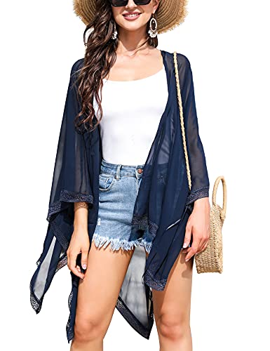 Irevial Sommer Cardigan Damen Leichte Strand Jacke Frauen L Bikini Bedecken Loose Cardigan Mit Spitze 3/4 Ärmel Casual Boho Strandponcho Pareo Beachwear Navy Blau von Irevial