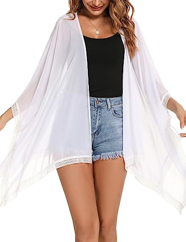 Irevial Strand Jacke Damen Cardigan Lang Frauen L Sommer Strandkleid Loose Strandponcho Leichte Bikini Cover Up Mit Spitze Wasserfall Beachwear Vertuschen Pareo Weiß von Irevial