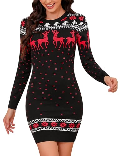 Irevial Strickkleid Damen Rundhals Pullikleid Weihnachtskleid Langer Pulloverkleid Frauen Kleider Pullover Rippstrick Wickelkleid Schneeflocken Muster Bequem Für Winter Freizeit Party S Schwarz von Irevial