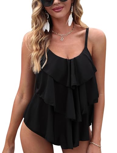 Irevial Tankini Damen Badeanzug Push up Badeanzug Tankini Sets und Badeshorts Beachwear Zweiteiler Swimsuits Bikini Set mit Slip Schwarz M von Irevial