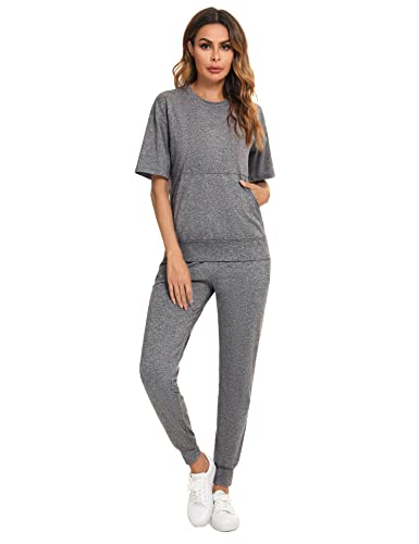 Irevial Damen Trainingsanzug Jogginganzug 2 Stücke Set Kurzarm Top/Hose Lose Homewear Pyjama Set mit Taschen Hanf Grau M von Irevial