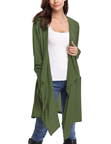 Irevial Damen Irevial Damen Strickjacke Lang Open Front Langarm Asymmetrisch Jacke mit Seitentaschen für Cardigan Sweater, Armeegrün, S EU von Irevial