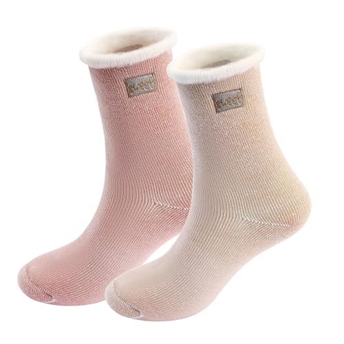 Irikdescia® 2 Paar Wollsocken, Superdicke Wollsocken, Warme, Weiche Thermosocken für Damen, Gemütlich und Langlebig, Wintergeschenk, für Freund, Mutter (Hellrosa, Khaki) von Irikdescia