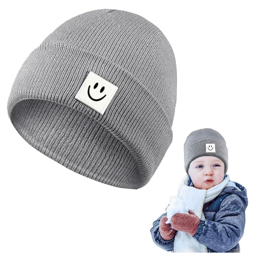 Irikdescia® Baby-Beanie-Mütze, Baby-Beanie-Strick-Skimütze mit Süßem Gesicht für Mädchen und Jungen von 1–5 Jahren, Warme, Bezaubernde Wintermütze, zum Warmhalten (Grau) von Irikdescia