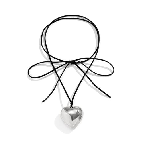 Irikdescia® Herz-Choker-Halskette, Y2K-Schmuck, mit Eleganter Geflochtener Schleife, Verstellbar, Schwarze Samtkette, Große Herz-Anhänger-Halskette, für Mädchen, Frauen (Silber) von Irikdescia