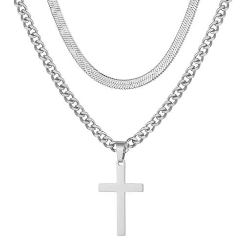 Irikdescia 2 Stück Kreuz-Halskette, Layering-Halsketten, Geschichtete Kubanische Gliederkette, Kreuz-Anhänger-Halskette, für Männer, Jungen, Modeschmuck, Geschenke (Silber) von Irikdescia