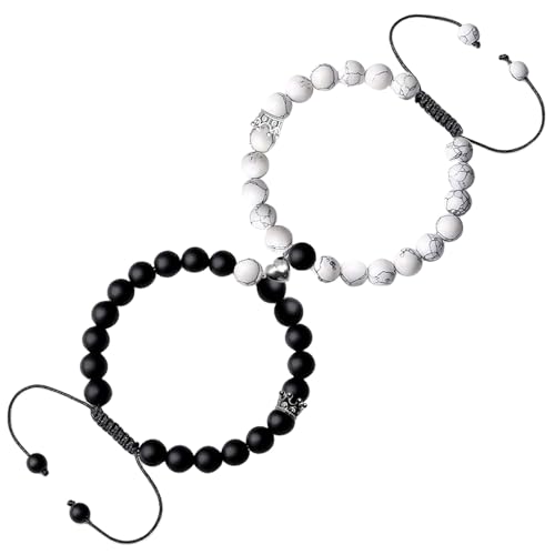 Irikdescia 2 Stück Paar Armbänder, Magnetische Herz Natürliche Stein Stretch Perlen, Paar Armband, Freundschaftsarmbänder mit Krone, Liebhaber, Schmuck, für Männer, Frauen(Schwarz, Weiß) von Irikdescia