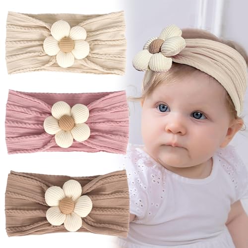 Irikdescia 3 Stück Baby-Stirnbänder, Baby-Mädchen-Nylon-Blumen-Stirnbänder, Weiche Haarbänder, Haar-Accessoires, für Neugeborene, Kleinkinder, Kinder (Beige, Rosa, Khaki) von Irikdescia