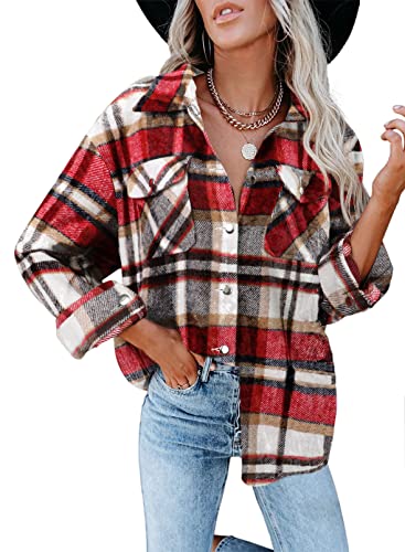 Iris Sprite Flanell Kariertes Hemd für Damen Langarmhemden Button Down Cordhemd Shackets (Kariertes Rot, Medium) von Iris Sprite