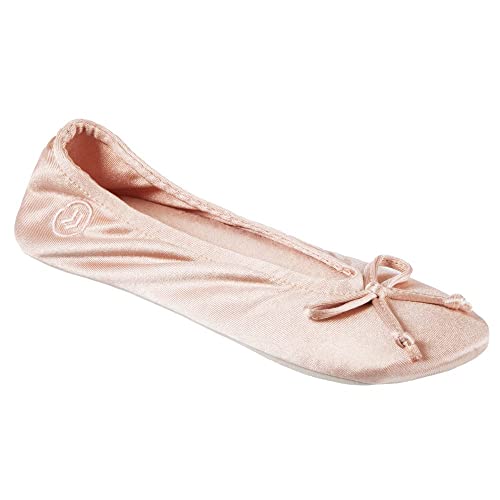 isotoner Damen Satin Ballerina Hausschuhe mit klassischer Schleife oder weicher Schleife und Wildledersohle, Schwarz, 37/38 EU von Isotoner