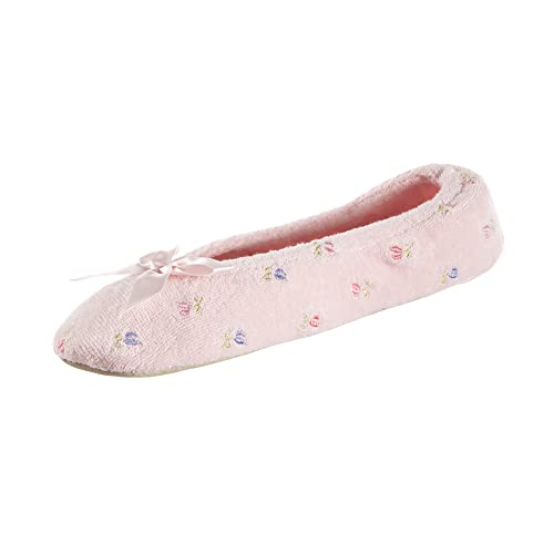 isotoner Damen Embroidered Terry Ballerina Slippers Flache Sandalen, Weiche Schleife, Rosa, 41 EU von Isotoner