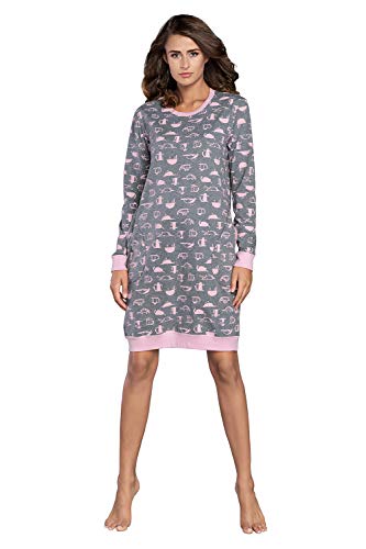 Italian Fashion Damen Nachthemd Nachtwäsche Nachtkleid Aus Baumwolle Rundhals Lässige Schlafhemd Sleepshirt Schlafanzug Damen Sleepwear Mit Vordertasche (S, Grau Rosa) von Italian Fashion