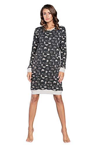 Italian Fashion Damen Nachthemd Nachtwäsche Nachtkleid Aus Baumwolle Rundhals Lässige Schlafhemd Sleepshirt Schlafanzug Damen Sleepwear Mit Vordertasche (XL, Grau Ecru) von Italian Fashion