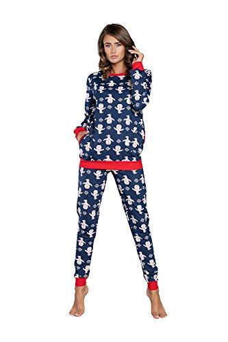 Italian Fashion Damen Schlafanzug aus Baumwolle, Ladies’ Pyjama Set Long-Sleeved, Checked Pyjama Set, Night Wear, Soft and warm (XL, Dunkelblau) von Italian Fashion