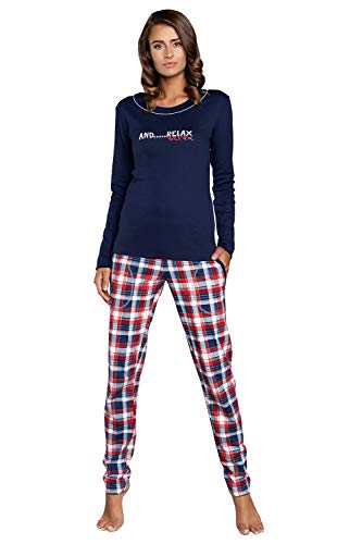 Italian Fashion Damen Schlafanzug lang Pyjama Set | Nachtwäsche Hausanzug Langearm Rund Ausschnitt Zweiteiliger Sleepwear M007 (L, Blau Karierte) von Italian Fashion