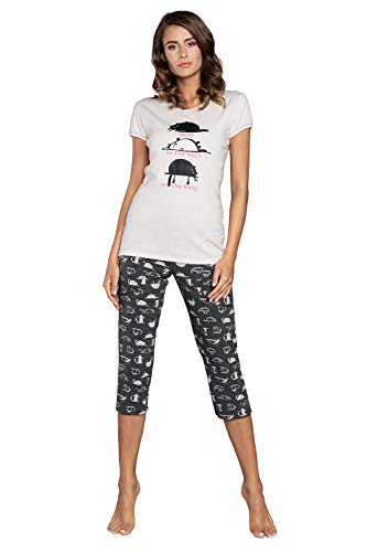 Damen Schlafanzug lang Pyjama Set | Nachtwäsche Hausanzug Langearm Rund Ausschnitt Zweiteiliger Sleepwear M007 (L, Ecru Mehrfarbig Kurz) von Italian Fashion