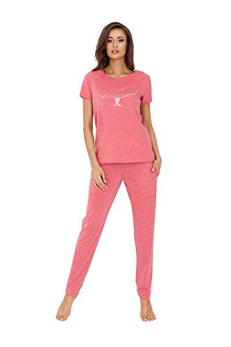 Italian Fashion Damen Schlafanzug lang Pyjama Set | Nachtwäsche Hausanzug Langearm Rund Ausschnitt Zweiteiliger Sleepwear M007 (L, Himbeere) von Italian Fashion