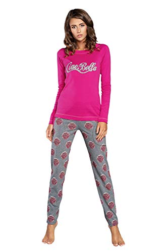 Italian Fashion Damen Schlafanzug lang Pyjama Set | Nachtwäsche Hausanzug Langearm Rund Ausschnitt Zweiteiliger Sleepwear M007 (L, Rosa Grau) von Italian Fashion