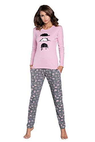 Damen Schlafanzug lang Pyjama Set | Nachtwäsche Hausanzug Langearm Rund Ausschnitt Zweiteiliger Sleepwear M007 (L, Rosa Mehrfarbig) von Italian Fashion